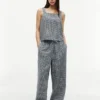 Pantalones sin cremallera de mezcla de lino a cuadros vichy Pantalones sin cremallera de mezcla de lino a cuadros vichy