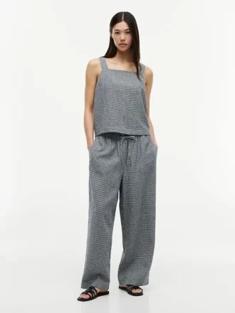 Pantalones sin cremallera de mezcla de lino a cuadros vichy Pantalones sin cremallera de mezcla de lino a cuadros vichy