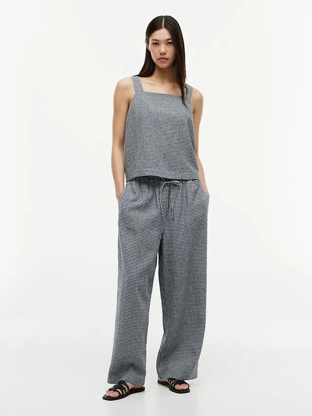 Pantalones sin cremallera de mezcla de lino a cuadros vichy Pantalones sin cremallera de mezcla de lino a cuadros vichy