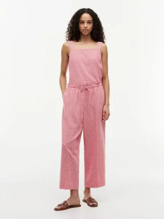 Pantalones sin cremallera de mezcla de lino a cuadros vichy