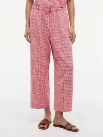 Pantalones sin cremallera de mezcla de lino a cuadros vichy