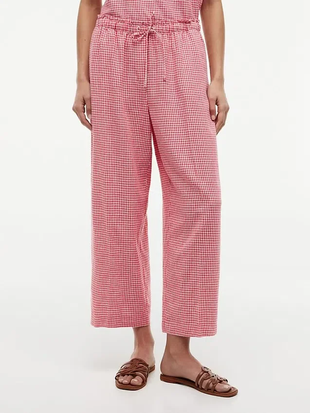 Pantalones sin cremallera de mezcla de lino a cuadros vichy Pantalones sin cremallera de mezcla de lino a cuadros vichy