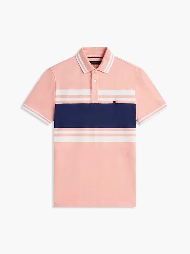 Polo de piqué elástico con rayas anchas y corte entallado Polo de piqué elástico con rayas anchas y corte entallado