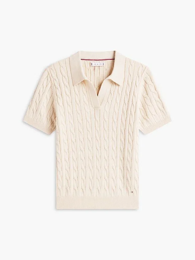 Polo de punto trenzado de manga corta Polo de punto trenzado de manga corta