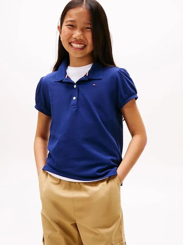 Polo elástico con mangas abullonadas para niña Polo elástico con mangas abullonadas para niña