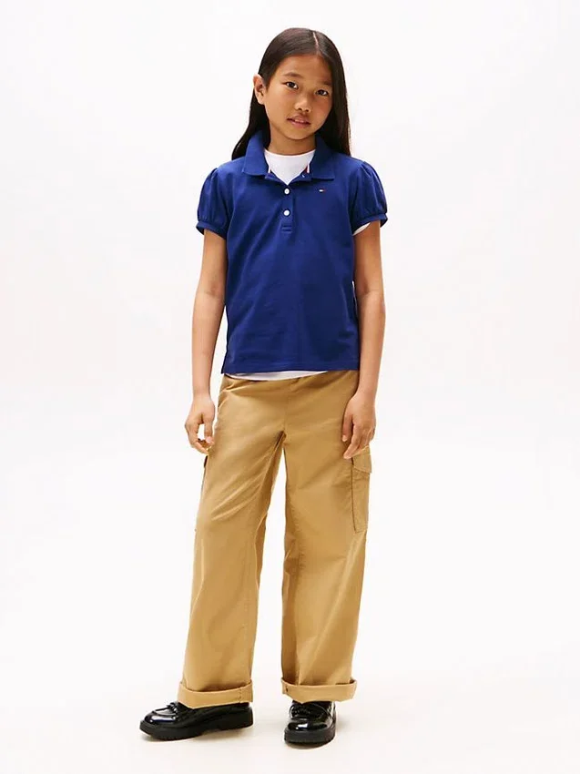 Polo elástico con mangas abullonadas para niña Polo elástico con mangas abullonadas para niña