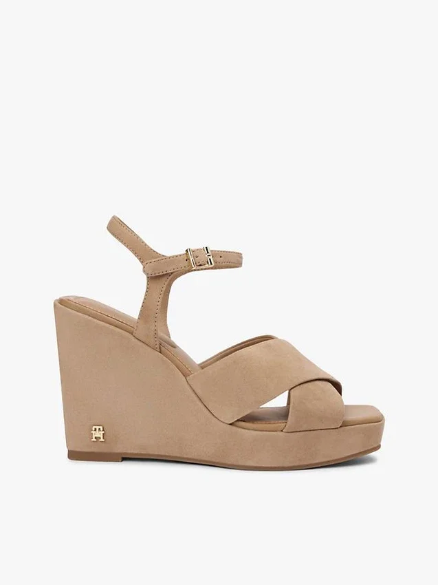 Sandalias de cuña de ante con tiras cruzadas Sandalias de cuña de ante con tiras cruzadas