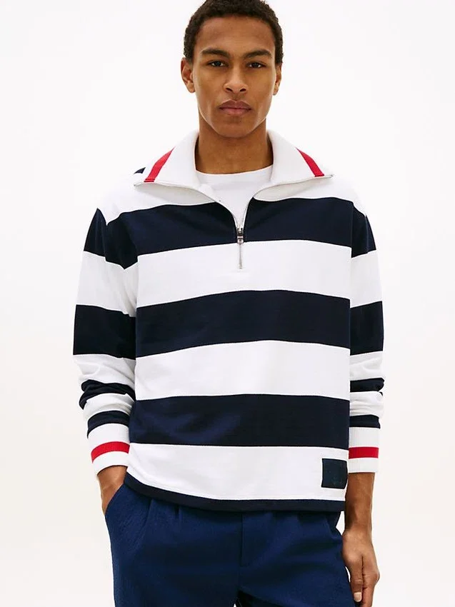 Sudadera con cremallera de un cuarto y rayas bretonas Sudadera con cremallera de un cuarto y rayas bretonas