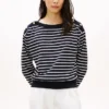 Sudadera de cuello barco con rayas y botones dorados Sudadera de cuello barco con rayas y botones dorados