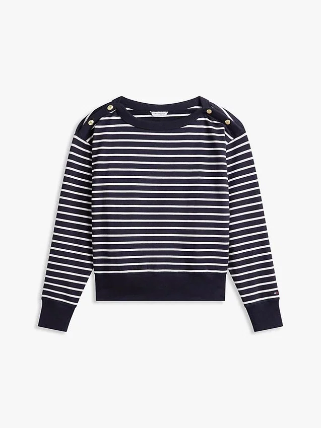 Sudadera de cuello barco con rayas y botones dorados Sudadera de cuello barco con rayas y botones dorados