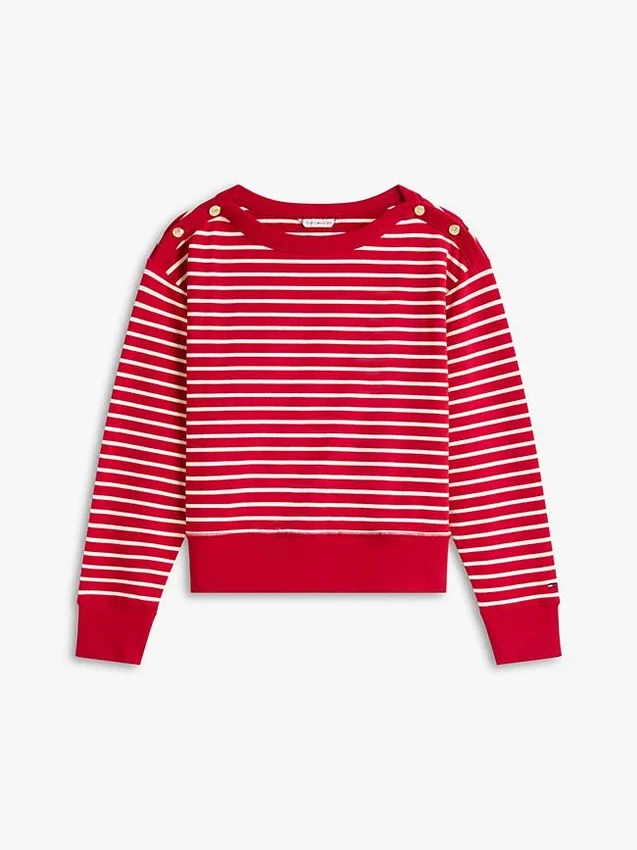 Sudadera de cuello barco con rayas y botones dorados Sudadera de cuello barco con rayas y botones dorados