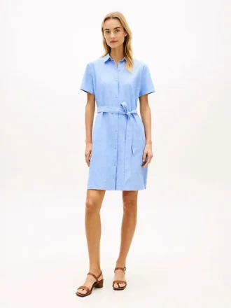 Vestido camisero con cinturón de mezcla de lino y algodón