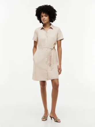 Vestido camisero con cinturón de mezcla de lino y algodón