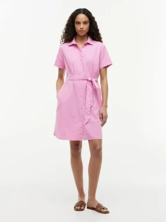 Vestido camisero con cinturón de mezcla de lino y algodón