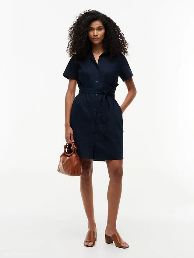 Vestido camisero con cinturón de mezcla de lino y algodón Vestido camisero con cinturón de mezcla de lino y algodón