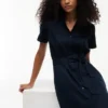Vestido camisero con cinturón de mezcla de lino y algodón Vestido camisero con cinturón de mezcla de lino y algodón