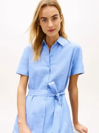 Vestido camisero con cinturón de mezcla de lino y algodón