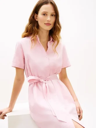 Vestido camisero con cinturón de mezcla de lino y algodón