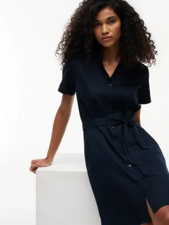 Vestido camisero con cinturón de mezcla de lino y algodón Vestido camisero con cinturón de mezcla de lino y algodón