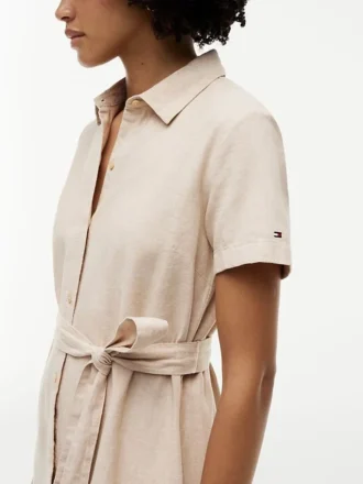Vestido camisero con cinturón de mezcla de lino y algodón