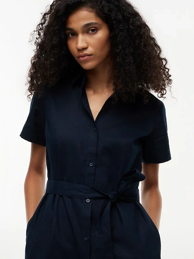 Vestido camisero con cinturón de mezcla de lino y algodón Vestido camisero con cinturón de mezcla de lino y algodón