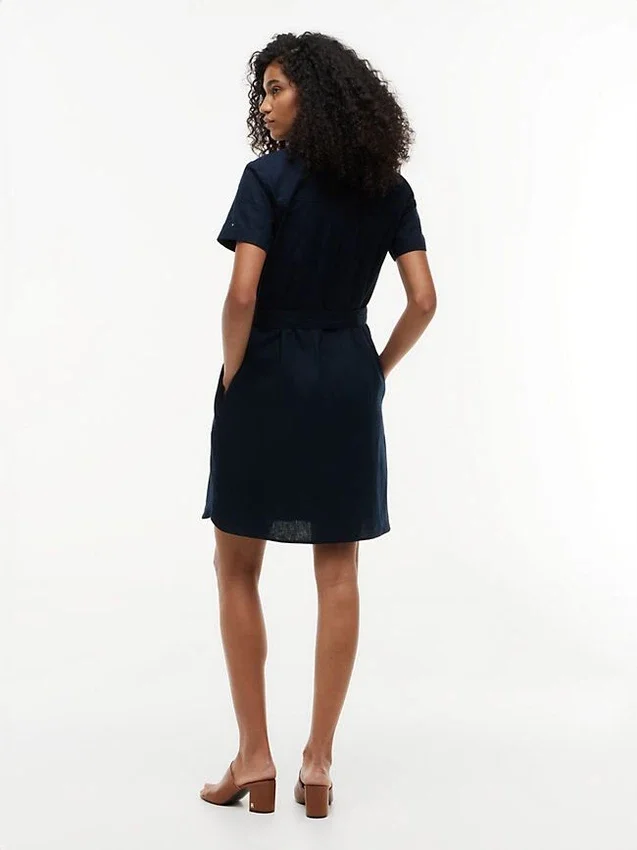 Vestido camisero con cinturón de mezcla de lino y algodón Vestido camisero con cinturón de mezcla de lino y algodón