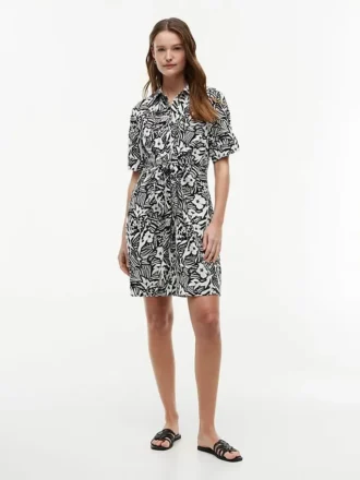 Vestido camisero de mezcla de lino con estampado tropical Vestido camisero de mezcla de lino con estampado tropical