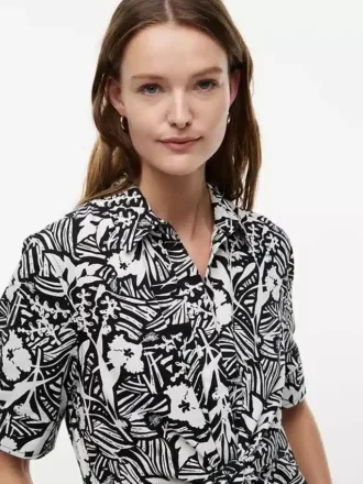 Vestido camisero de mezcla de lino con estampado tropical Vestido camisero de mezcla de lino con estampado tropical