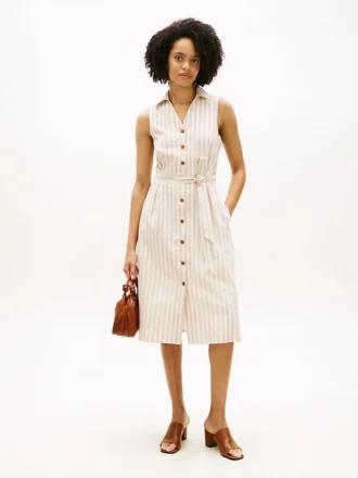 Vestido camisero de mezcla de lino y algodón a rayas