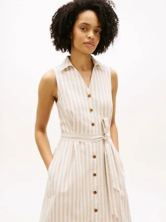 Vestido camisero de mezcla de lino y algodón a rayas