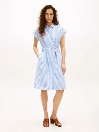 Vestido camisero de popelín a rayas con cinturón