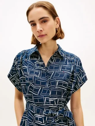 Vestido camisero midi de lino con cinturón y estampado de banderas