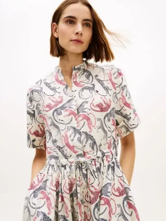 Vestido camisero midi de lino con estampado animal