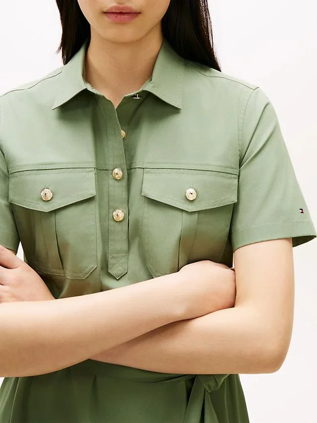 Vestido camisero utilitario de manga corta con cinturón Vestido camisero utilitario de manga corta con cinturón