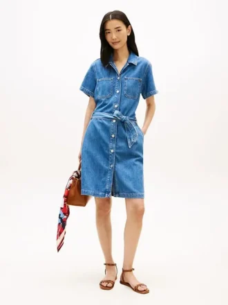 Vestido camisero vaquero de lavado medio con cinturón