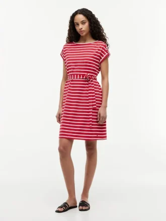 Vestido de algodón elástico a rayas con cinturón Vestido de algodón elástico a rayas con cinturón