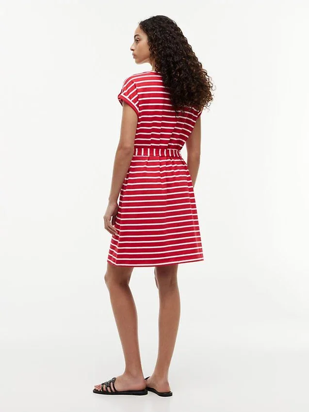 Vestido de algodón elástico a rayas con cinturón Vestido de algodón elástico a rayas con cinturón