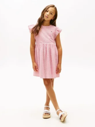 Vestido de seersucker a rayas con mangas con volantes para niña