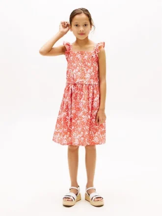 Vestido infantil con estampado floral y tirantes con volantes