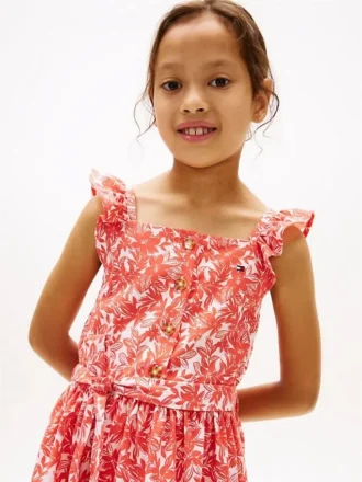 Vestido infantil con estampado floral y tirantes con volantes