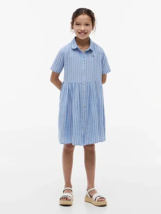 Vestido infantil de mezcla de algodón y lino a rayas