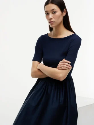 Vestido midi de manga media con mezcla de tejidos
