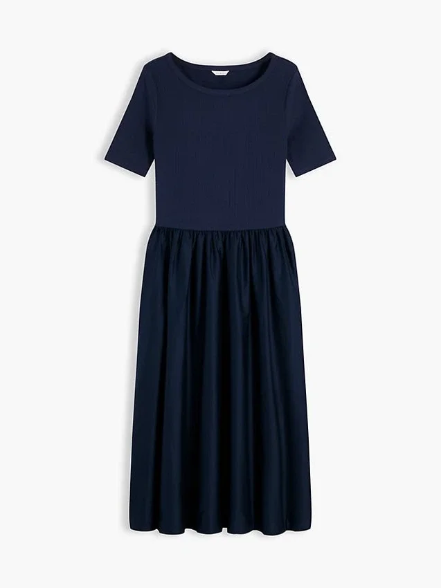Vestido midi de manga media con mezcla de tejidos Vestido midi de manga media con mezcla de tejidos