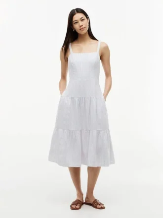 Vestido midi de mezcla de lino a rayas con volantes
