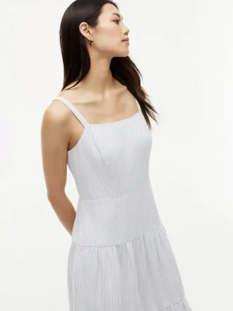 Vestido midi de mezcla de lino a rayas con volantes