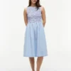 Vestido midi de popelín fruncido a rayas
