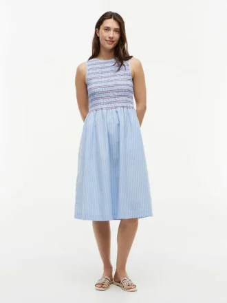 Vestido midi de popelín fruncido a rayas