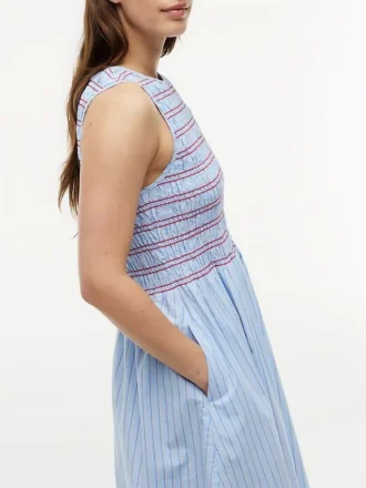 Vestido midi de popelín fruncido a rayas