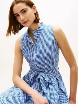 Vestido midi de seersucker a cuadros vichy con cinturón