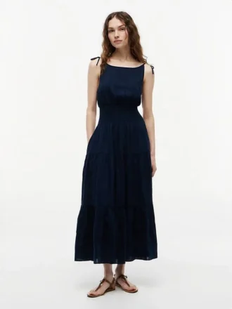 Vestido midi de seersucker con volantes